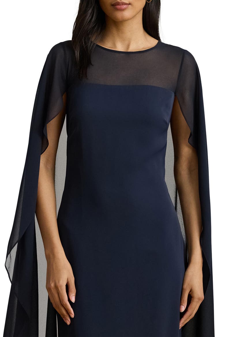 Sheer Cape Georgette Column Gown, Alternate, color, LAUREN NAVY