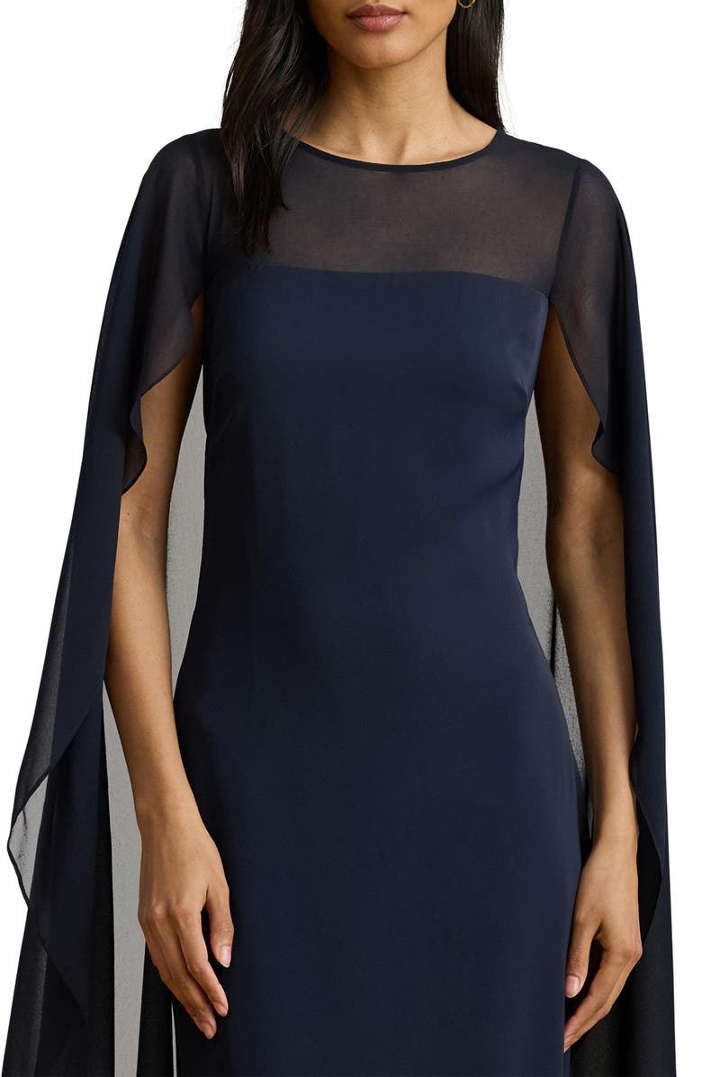 Lauren Ralph Lauren Sheer Cape Georgette Column Gown, Alternate, color, Lauren Navy
