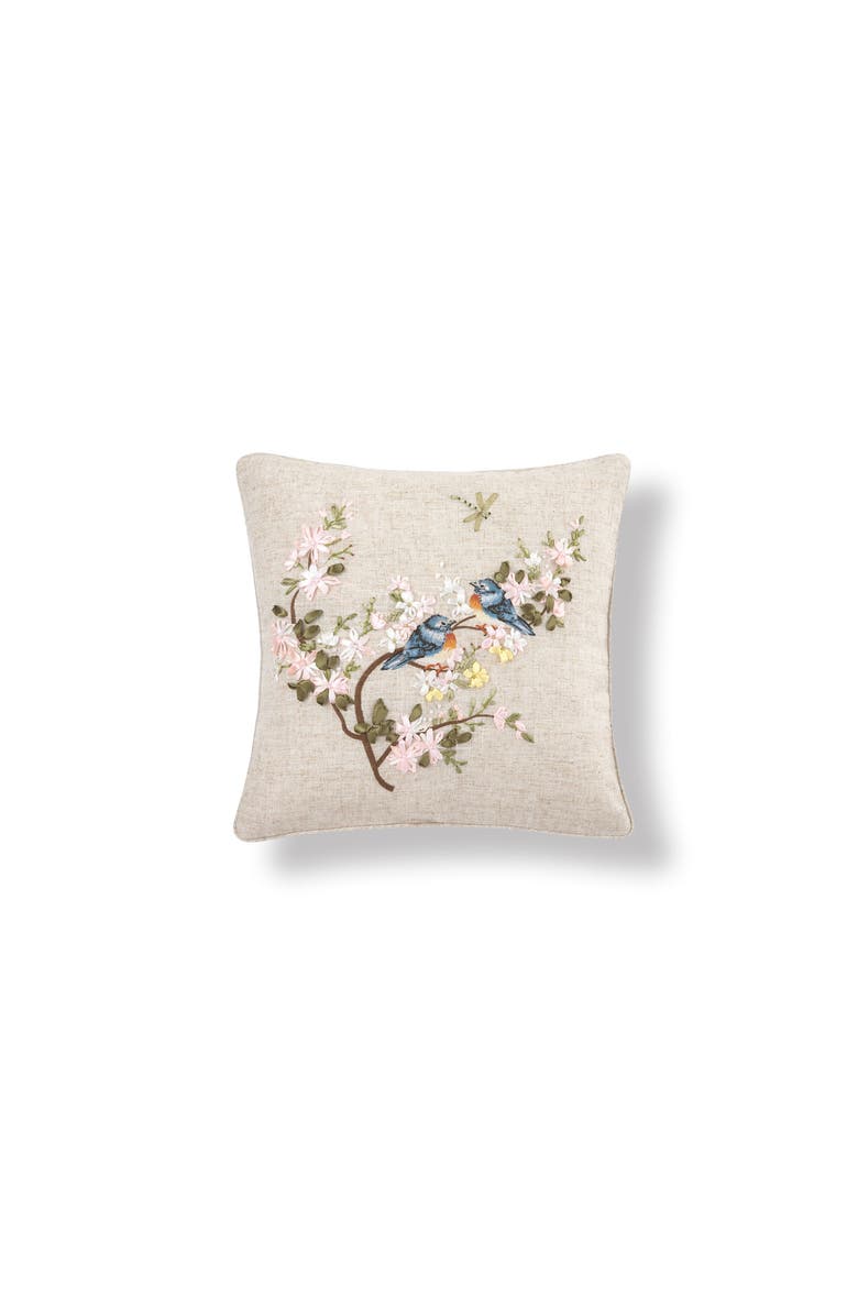 C&F Home Bluebird & Tree Branch Pink Flowers Embellished Accent Pillow 16" x 16", Main, color, Brown