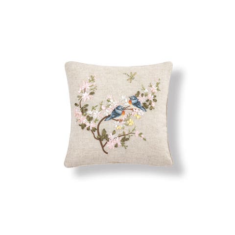 Bluebird & Tree Branch Pink Flowers Embellished Accent Pillow 16" x 16"
