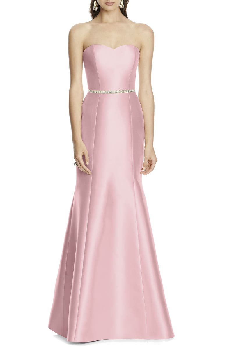 Alfred Sung Strapless Sateen Trumpet Gown, Main, color, 