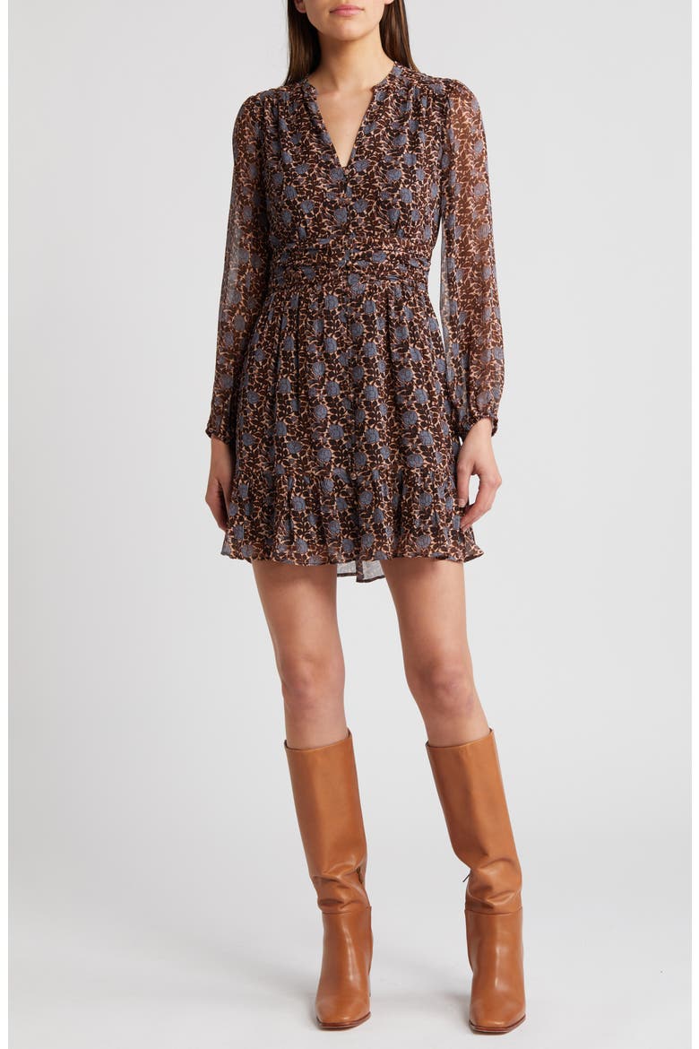 Saunter Long Sleeve Crinkle Silk Dress, Main, color, CREAM/ BLUE ICE