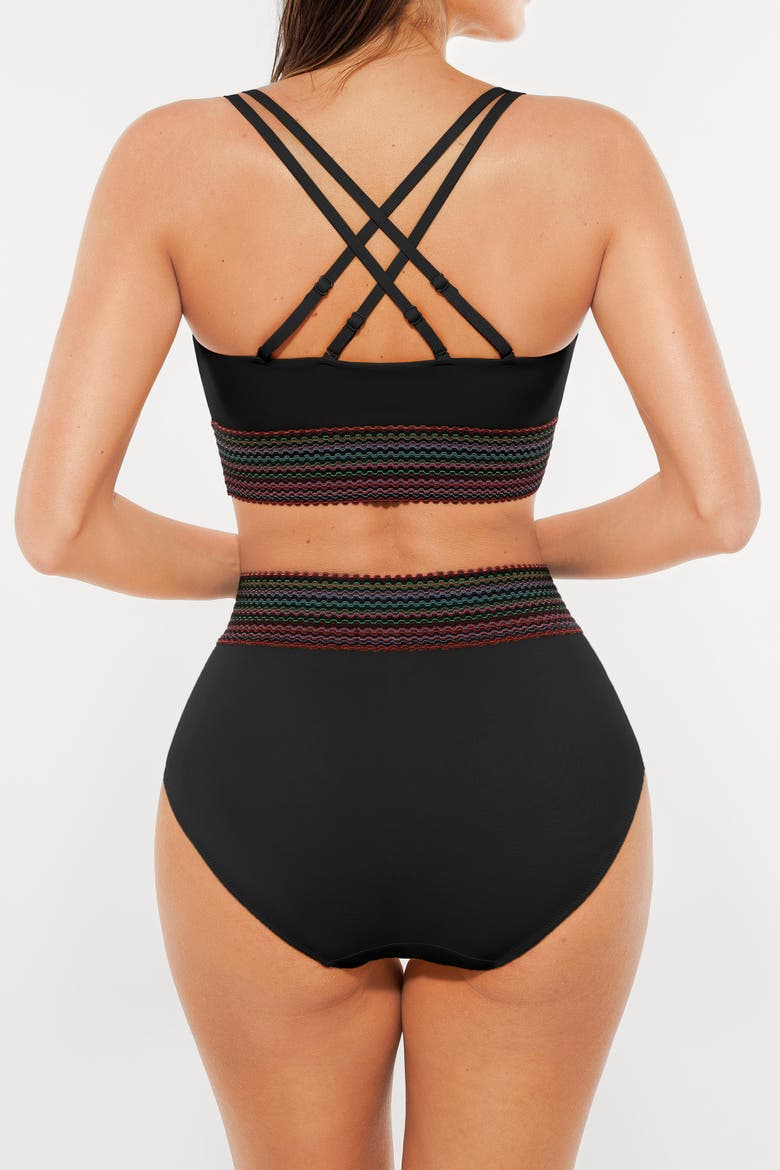 Boho Trim High Waist Tummy Control Bikini Set, Alternate, color, Black