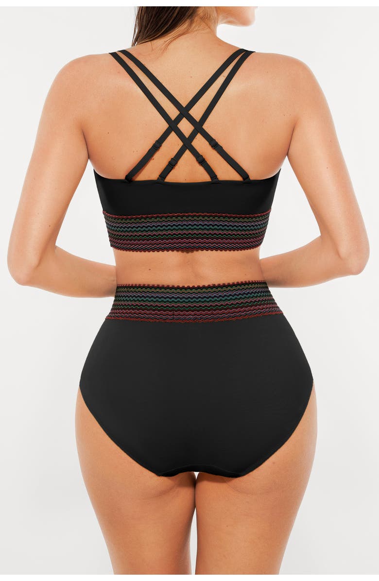 Popilush Boho Trim High Waist Tummy Control Bikini Set, Alternate, color, Black