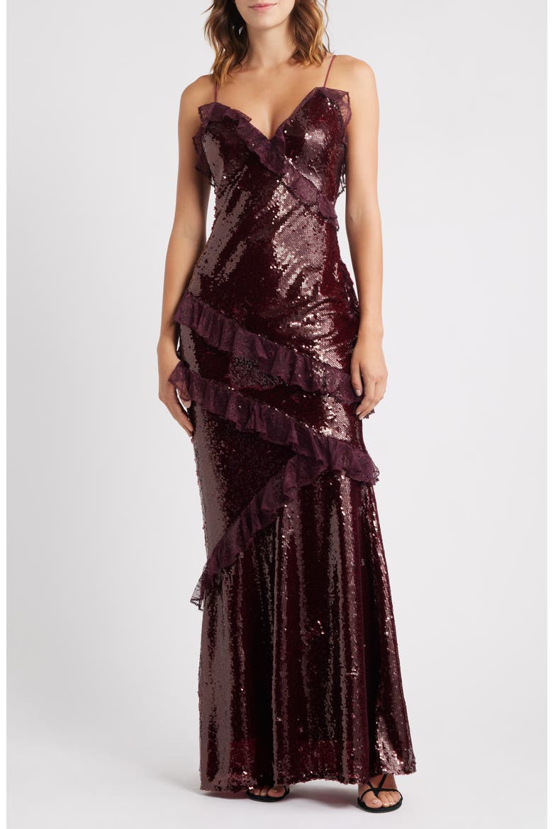 Rialto Sequin & Lace Gown, Main, color, BORDEAUX