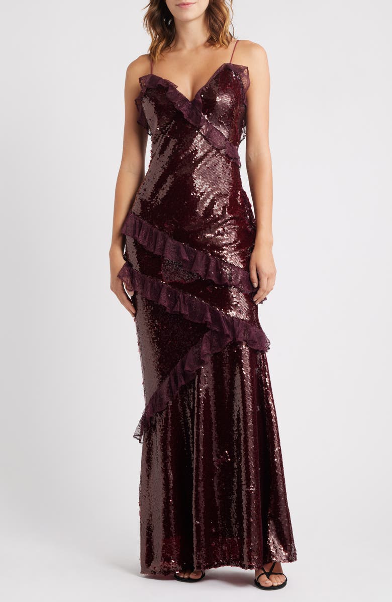 LoveShackFancy Rialto Sequin & Lace Gown, Main, color, Bordeaux