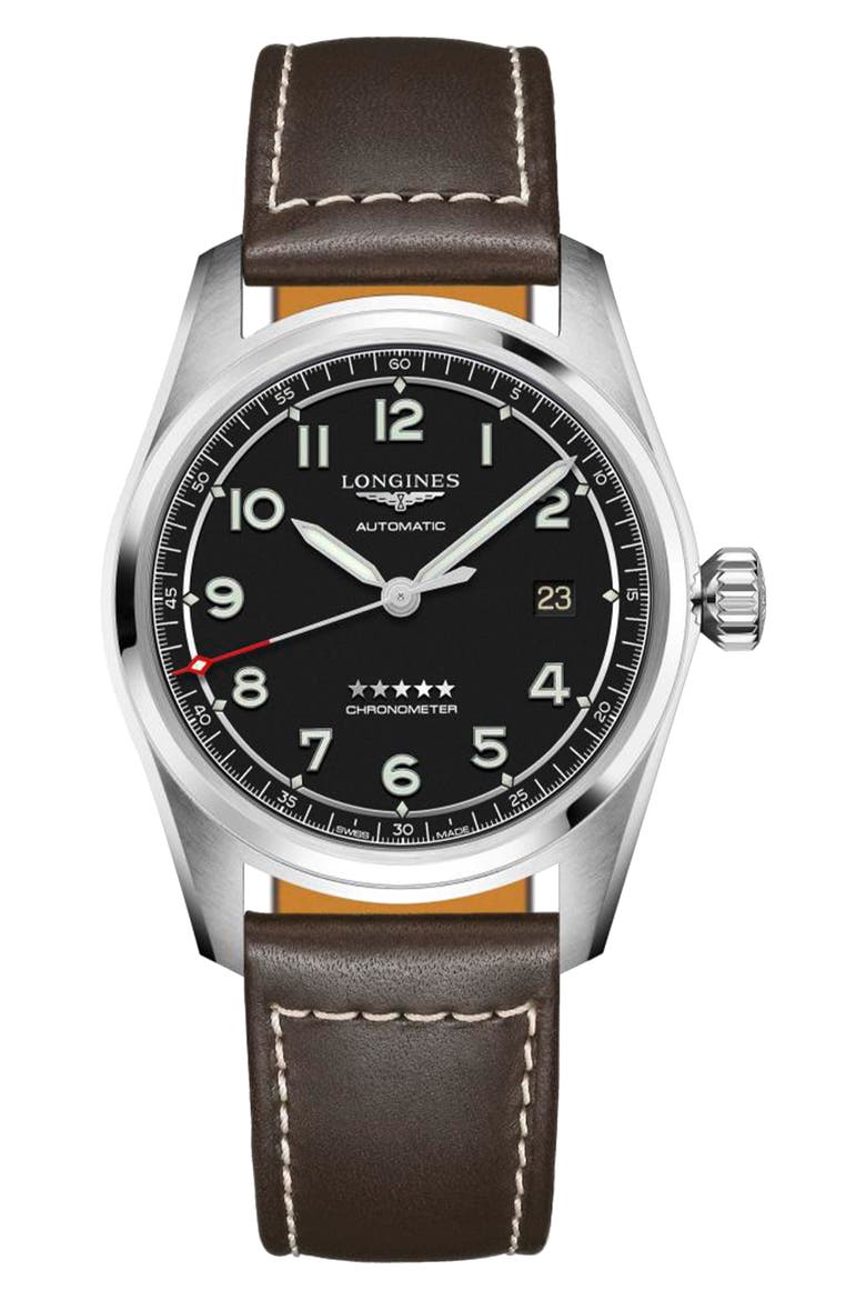 Spirit Automatic Leather Strap Watch, 40mm, Main, color, BLACK/ SILVER/ BROWN