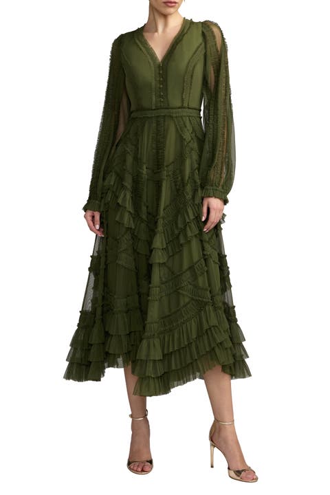 Long Sleeve V Neck Mesh Micro Ruffle Midi Dress
