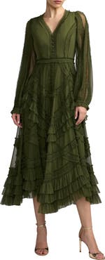 Mac Duggal Long Sleeve V Neck Mesh Micro Ruffle Midi Dress