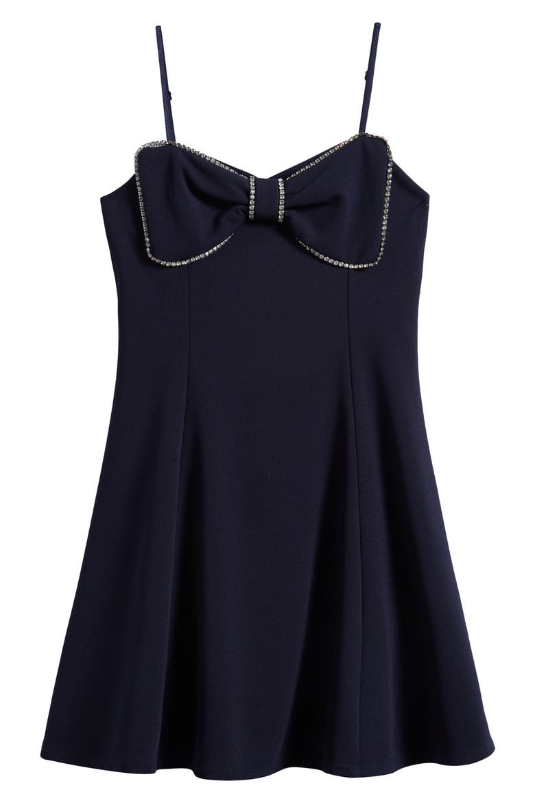 Rhinestone Bow Front Party Dress, Main, color, NAVY