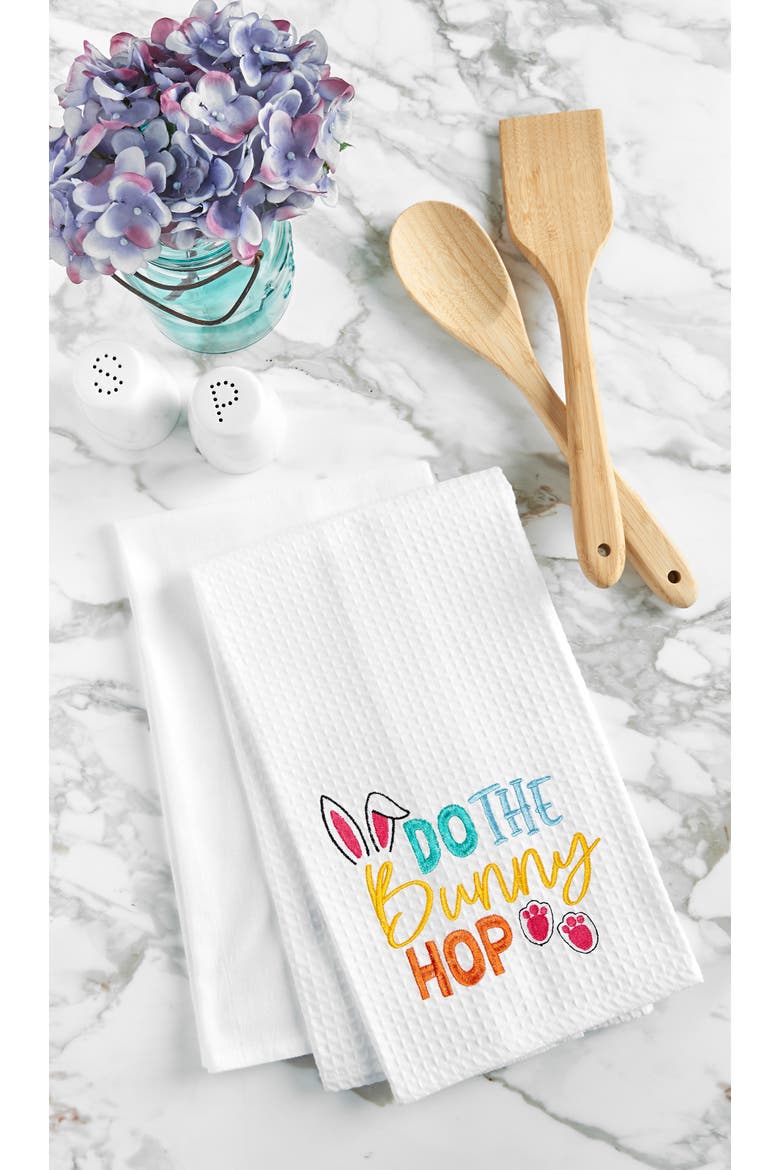 "Do The Bunny Hop" Easter Rabbit Spring Theme Kitchen Dishtowel, Alternate, color, White