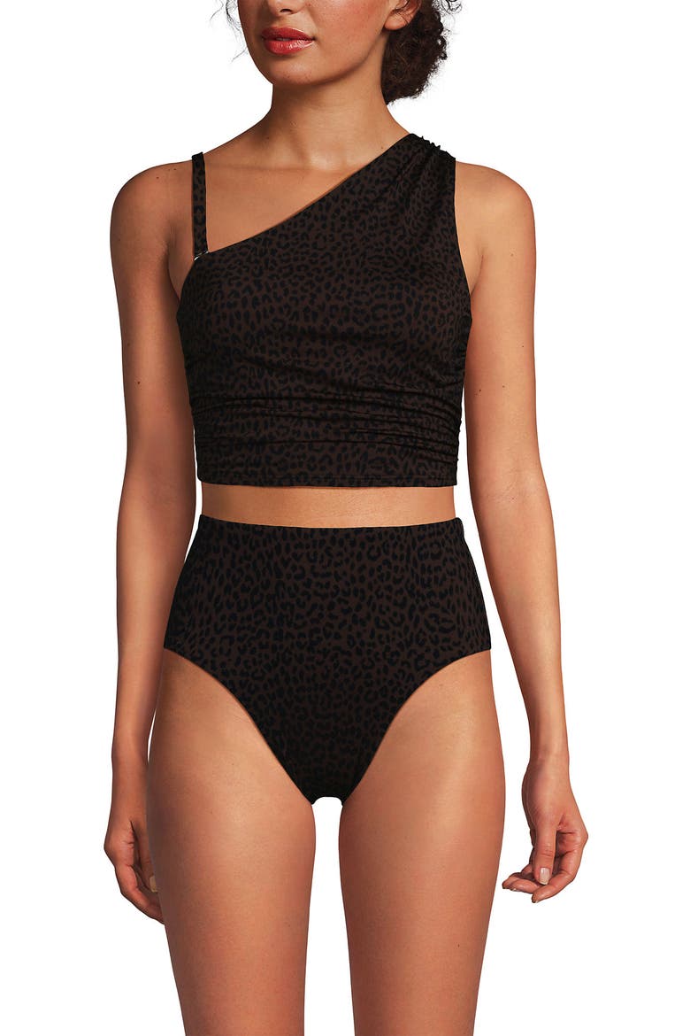 Ruched One Shoulder Midkini Swimsuit Top, Alternate, color, Brown Leopard