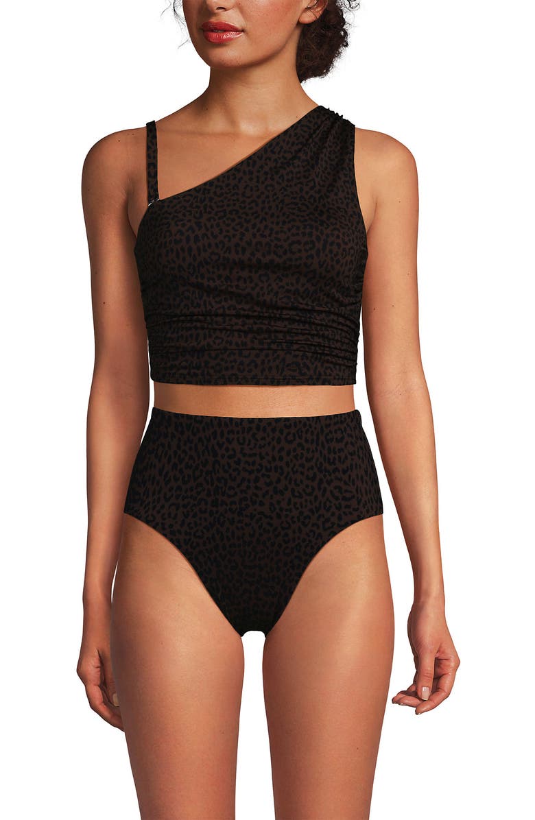 Lands' End Ruched One Shoulder Midkini Swimsuit Top, Alternate, color, Brown Leopard