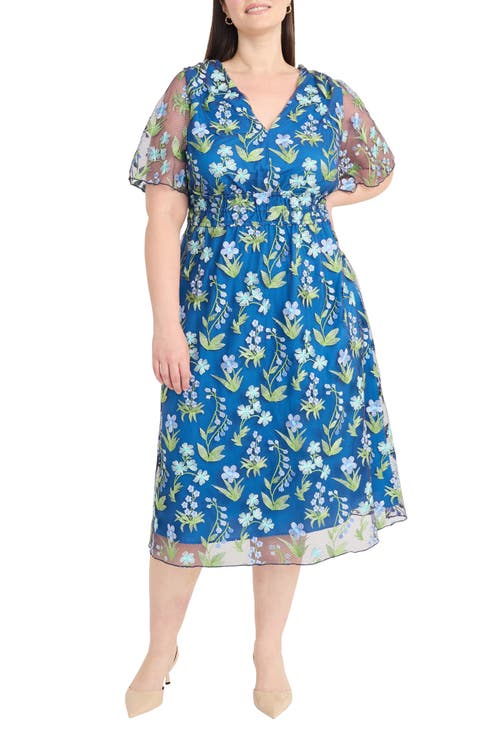 Floral Embroidered Short Sleeve Midi Dress (Plus)