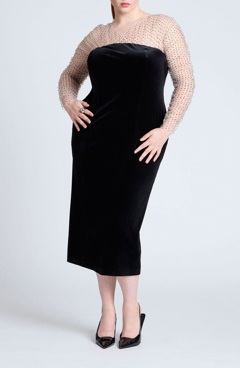 ELOQUII Mixed Media Long Sleeve Velvet Cocktail Midi Dress, Main, color, 