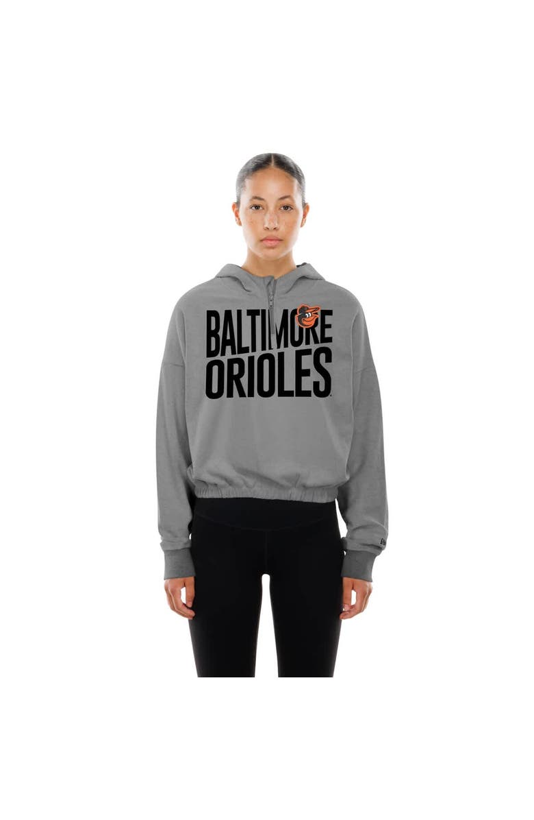 New Era Women's New Era Heather Gray Baltimore Orioles Reversed Out French Terry Quarter-Zip Banded Crop Hoodie, Alternate, color, Heather Gray