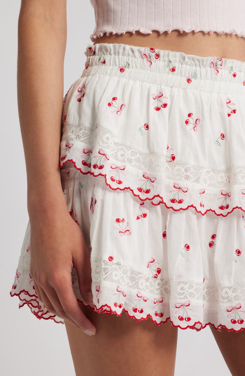LoveShackFancy Cherry Bow Embroidered Ruffle Cotton Miniskirt, Alternate, color, Optic White