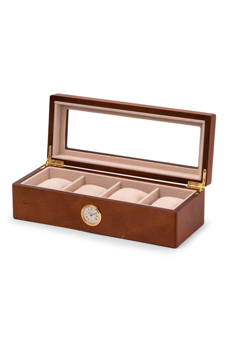 Cherry Wood 4-Watch Storage Case with Clock, Alternate, color, BROWN