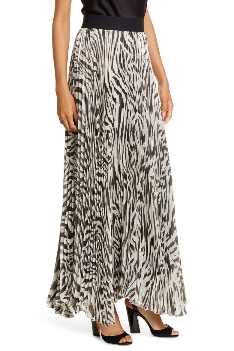 Katz Animal Print Pleated Silk Blend Maxi Skirt, Alternate, color, TIGER SOFT WHITE/ BLACK