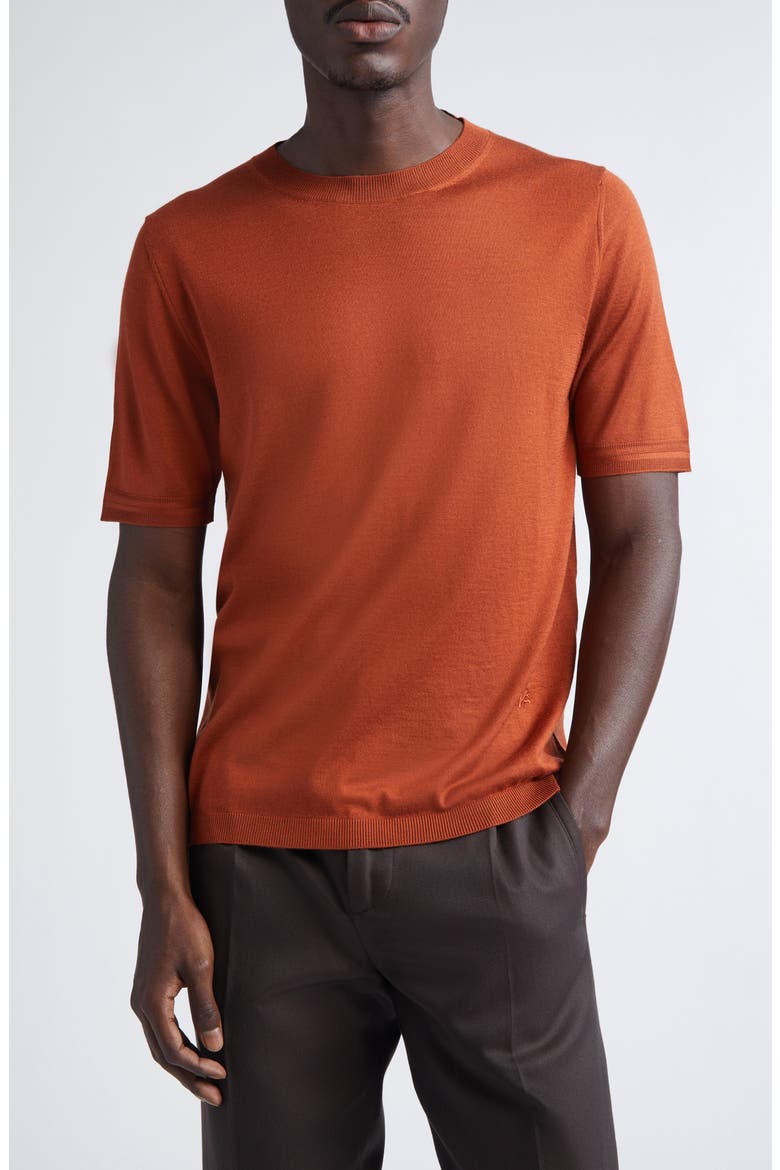 Short Sleeve Wool, Silk & Cashmere Sweater, Main, color, METALLIC RUST/ COPPER