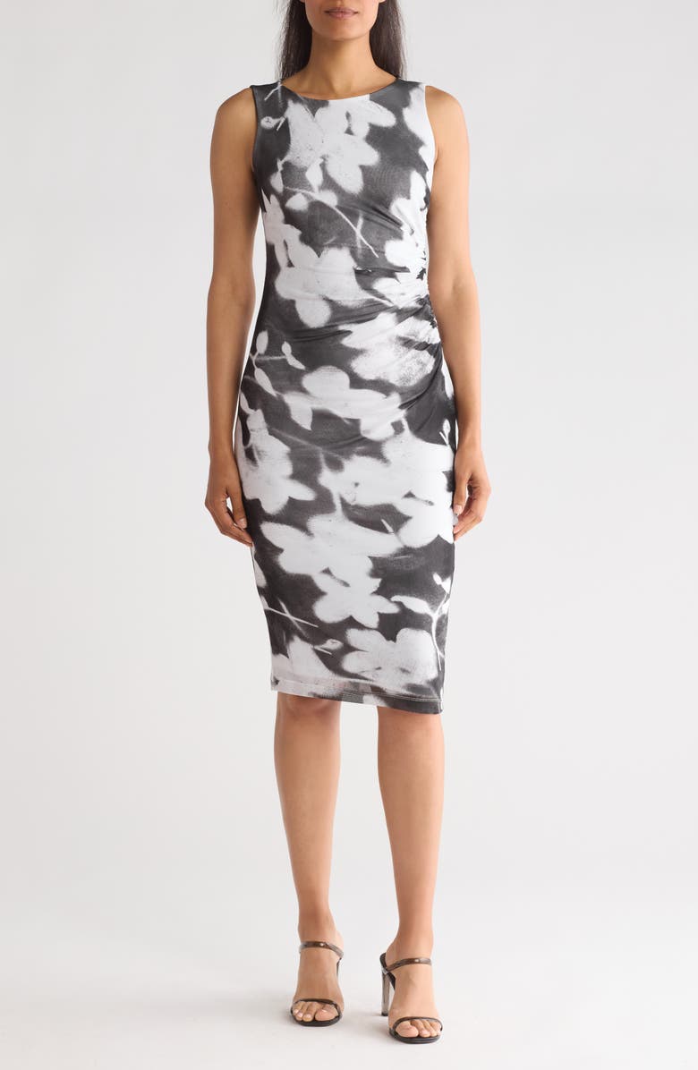 Calvin Klein Print Ruched Sleeveless Mesh Midi Dress, Main, color,