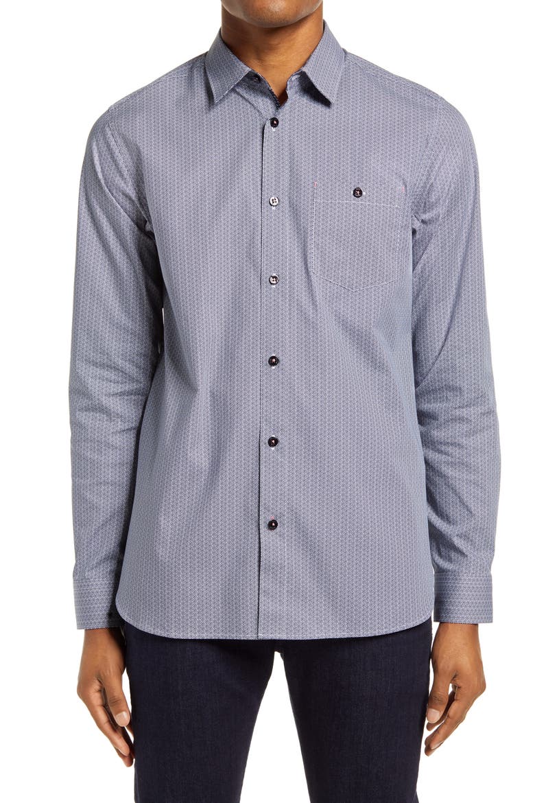 Stonelo Slim Fit Geo Print Button-Up Shirt, Main, color, NAVY