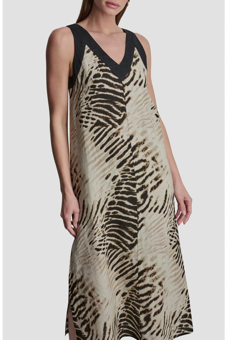 Print Colorblock Linen Midi Dress, Alternate, color, BRUSHED SANDBED/ BLACK