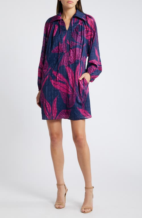 CIEBON Elisa Print Long Sleeve Shirtdress in Navy/Magenta 