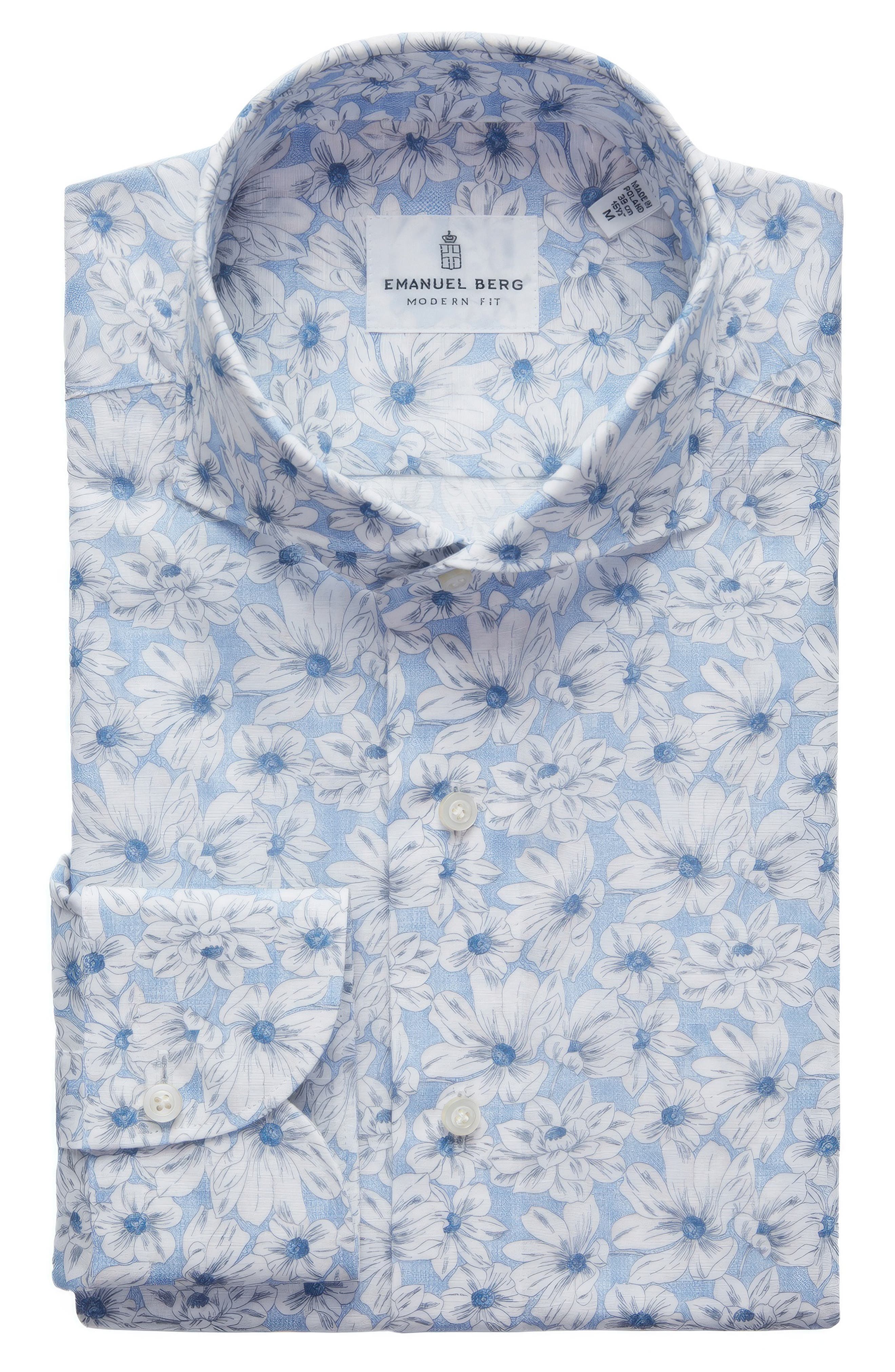 Emanuel Berg Modern Fit Floral Cotton & Linen Blend Button-Up Shirt
