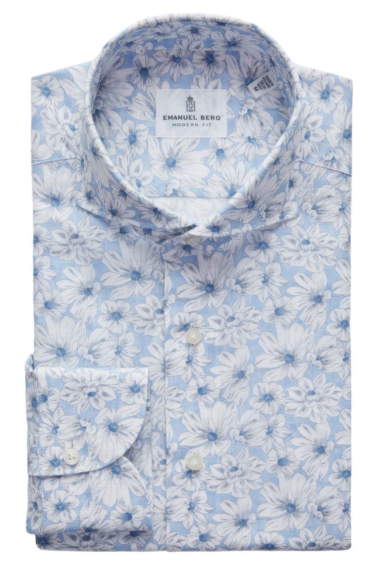 Modern Fit Floral Cotton & Linen Blend Button-Up Shirt, Main, color, LIGHT PASTEL BLUE
