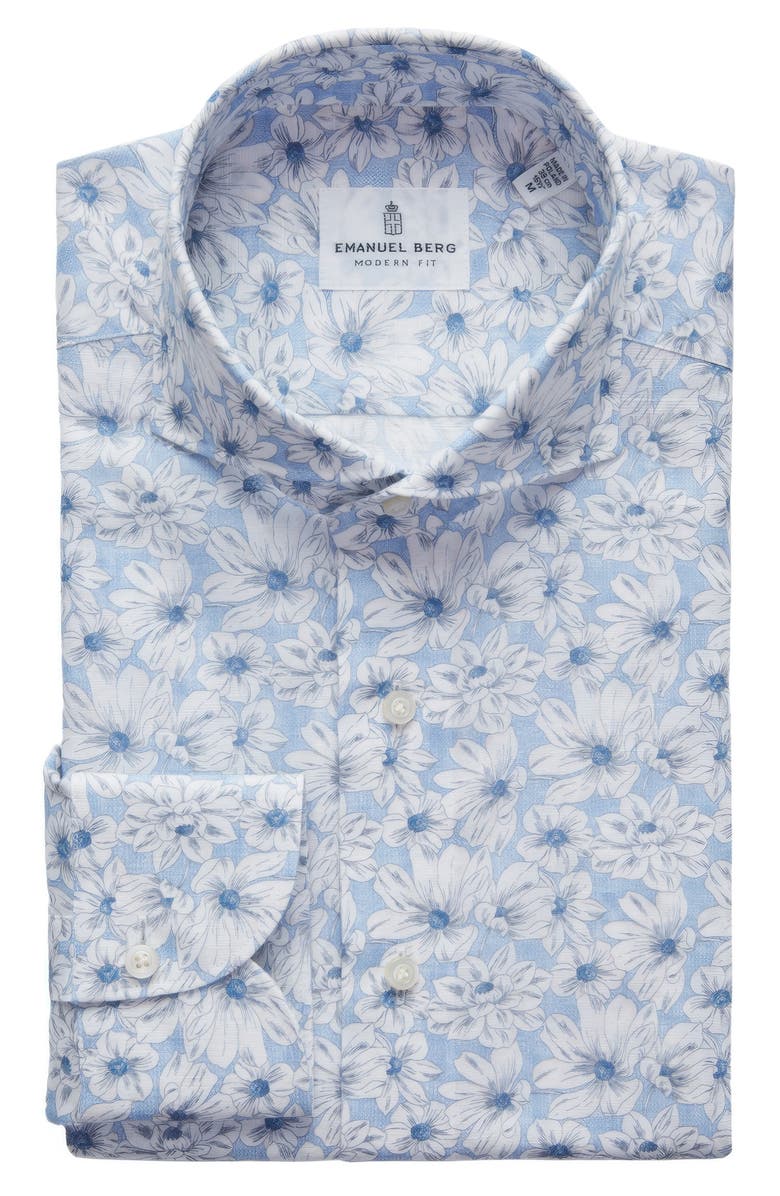 Emanuel Berg Modern Fit Floral Cotton & Linen Blend Button-Up Shirt, Main, color, Light Pastel Blue