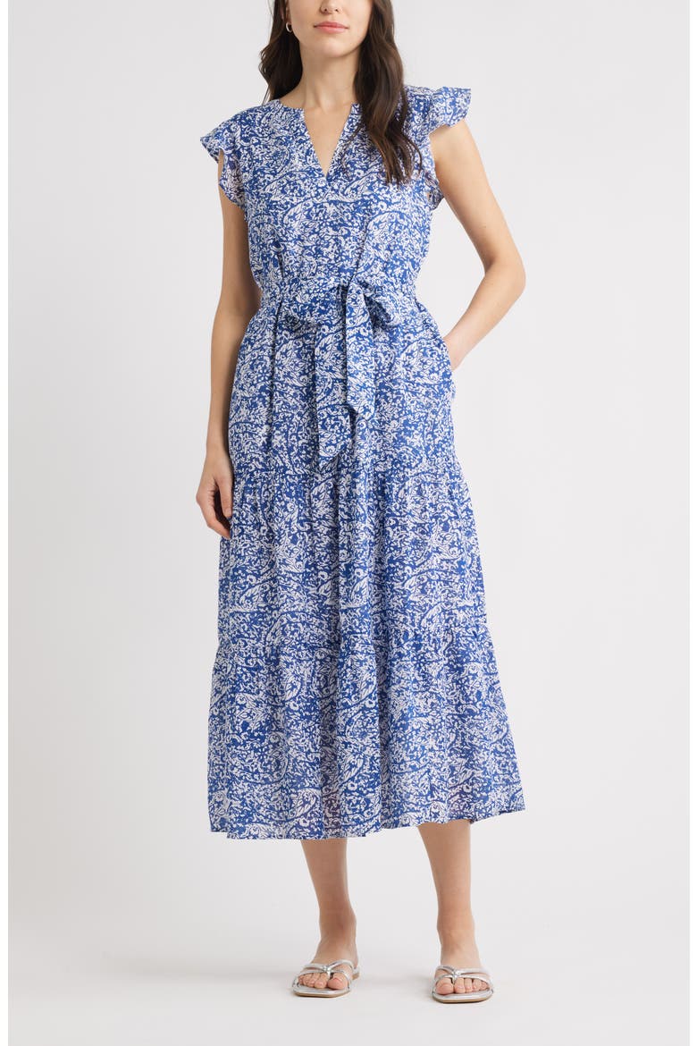 Print Ruffle Sleeve Tie Waist Midi Dress, Main, color, BLUE- WHITE RIVER PAISLEY