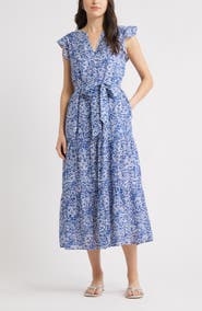 Caslon® Print Ruffle Sleeve Tie Waist Midi Dress