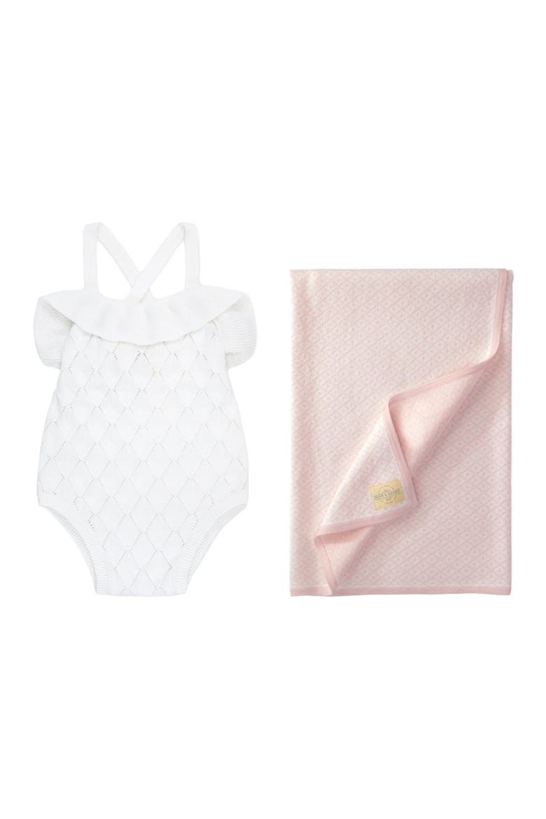 Baby Ruffle Sweater Romper & Jacquard Blanket Gift Set, Alternate, color, White & Rose