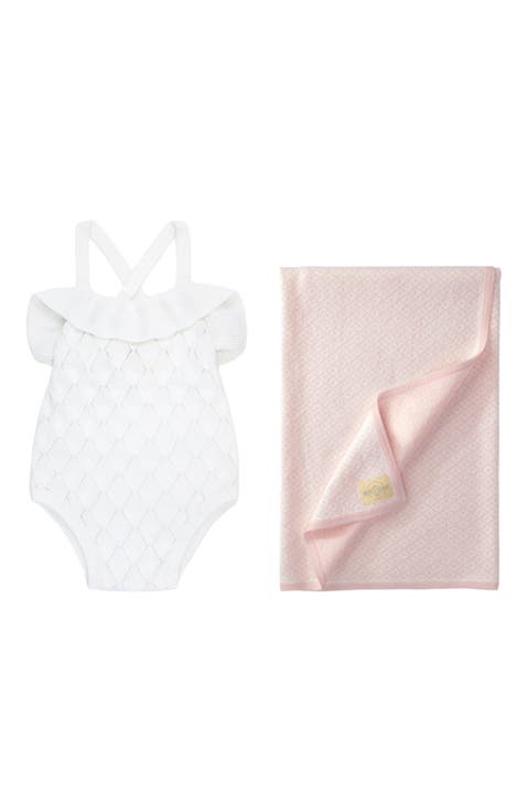 Baby Ruffle Sweater Romper & Jacquard Blanket Gift Set