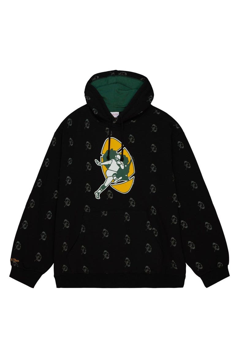 Men's Mitchell & Ness Black Green Bay Packers Allover Print Fleece Pullover Hoodie, Alternate, color, Black
