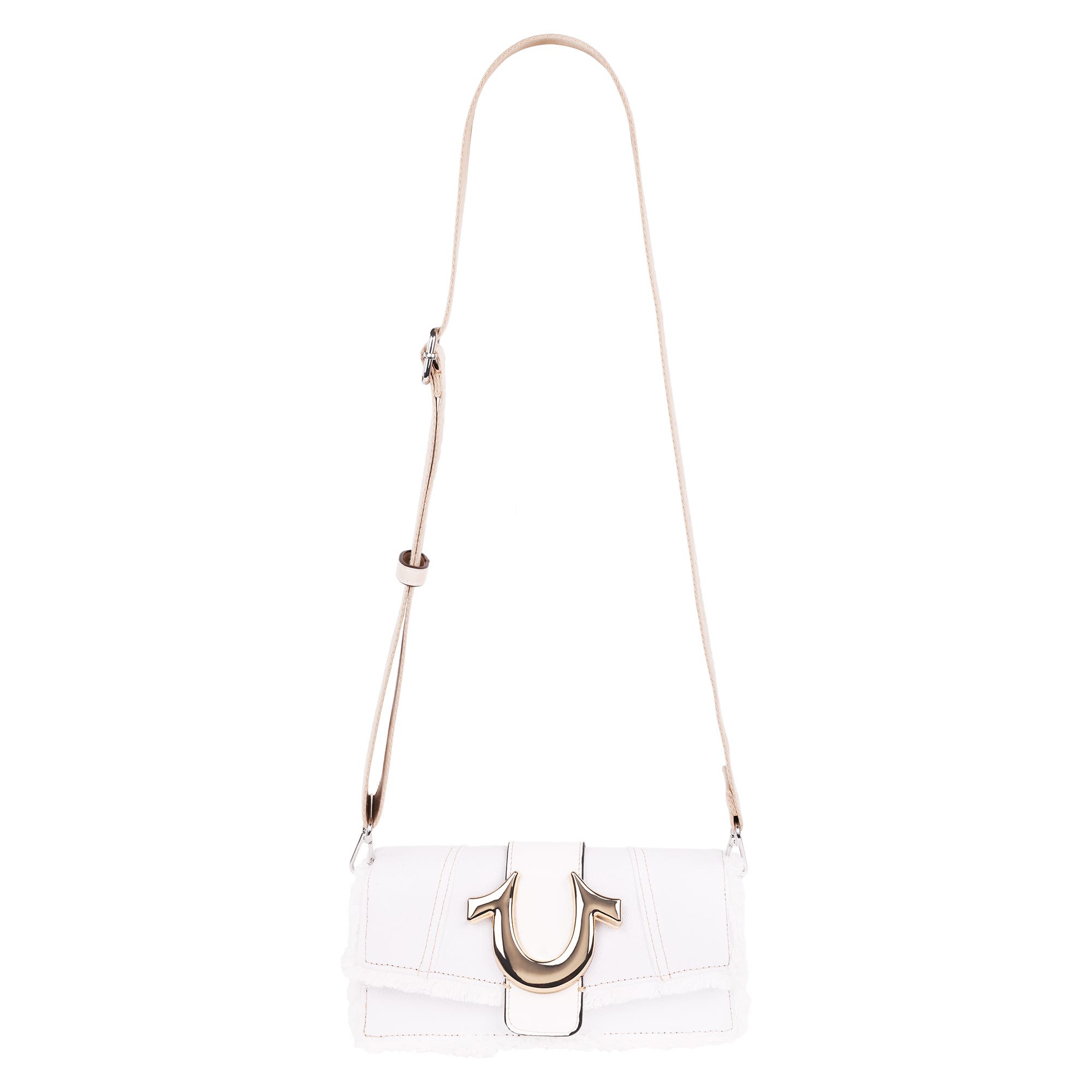 True Religion Frayed Denim Flap Bag with Logo Strap, Alternate, color, White