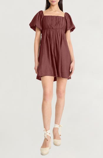 The Good Journey Puff Sleeve Empire Waist Minidress In Brown