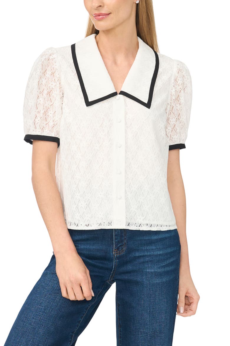 Contrast Trim Lace Puff Sleeve Top, Main, color, NEW IVORY