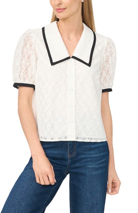 Contrast Trim Lace Puff Sleeve Top