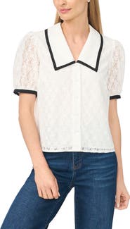 CeCe Contrast Trim Lace Puff Sleeve Top