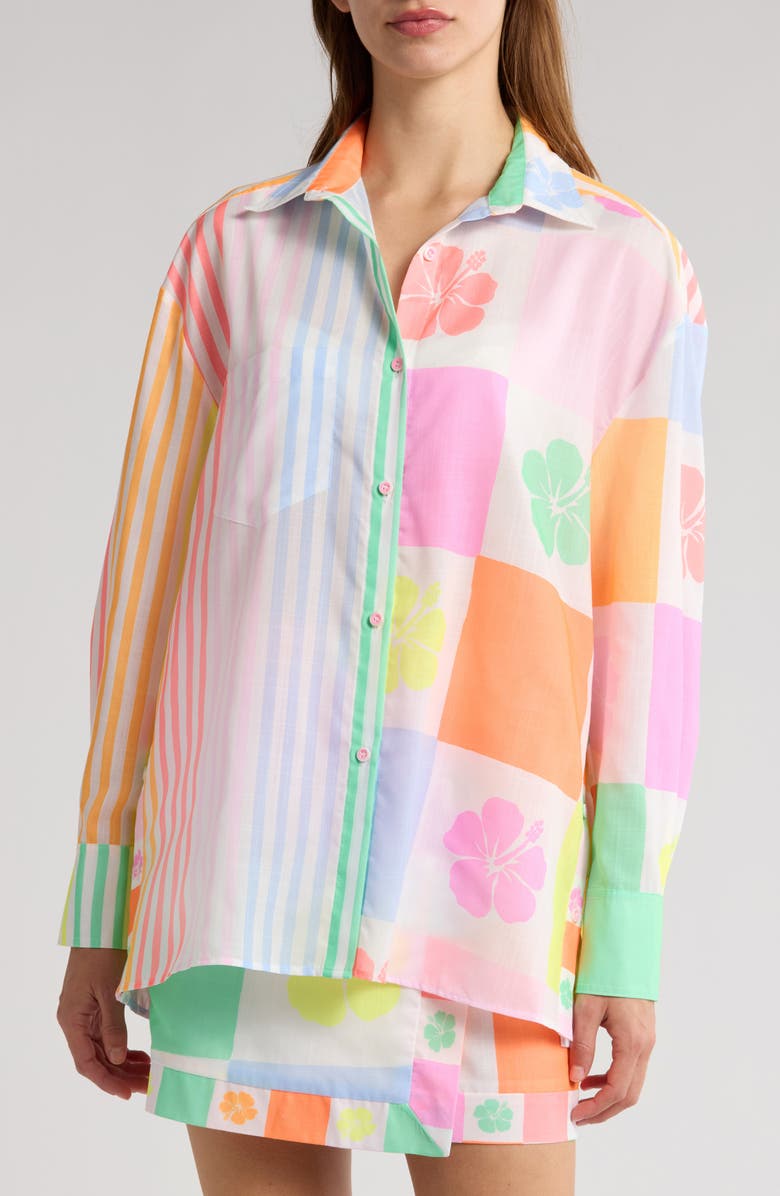 Kulani Kinis Long Sleeve Cover-Up Beach Shirt, Alternate, color, Hibiscus Rainbow