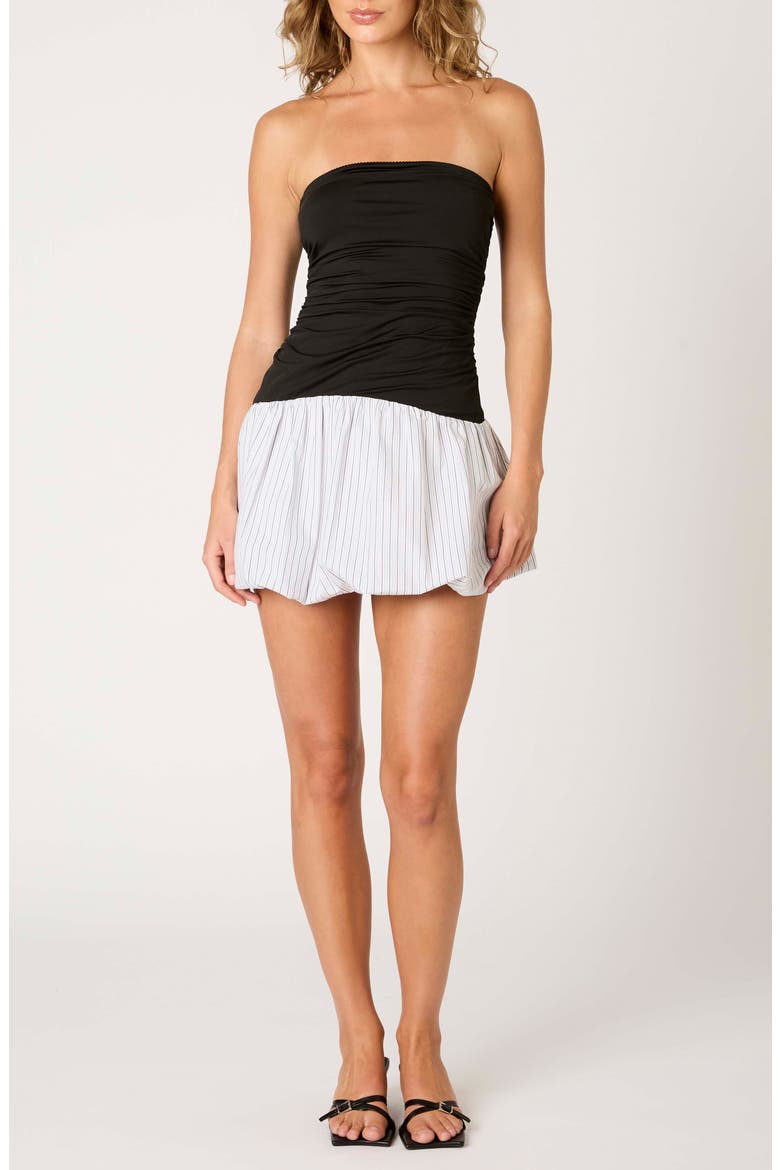 Janay Mixed Media Strapless Bubble Hem Cotton Minidress, Alternate, color, WHITE