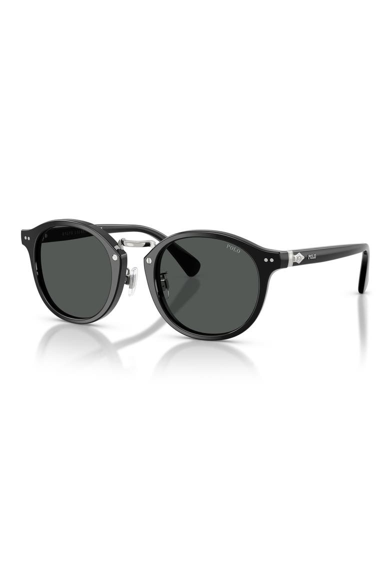50mm Round Sunglasses, Alternate, color, SHINY BLACK / DARK GREY