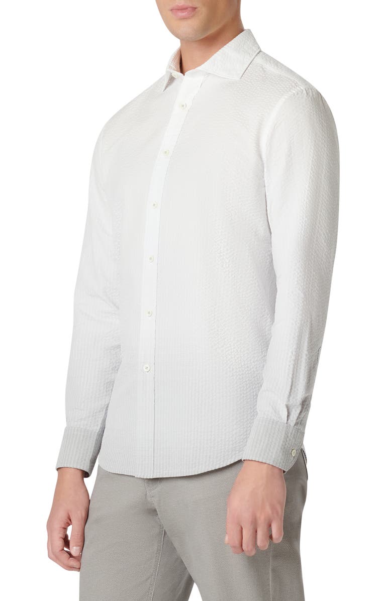 Bugatchi Axel Shaped Fit Woven Seersucker Cotton Button-Up Shirt, Alternate, color, Platinum