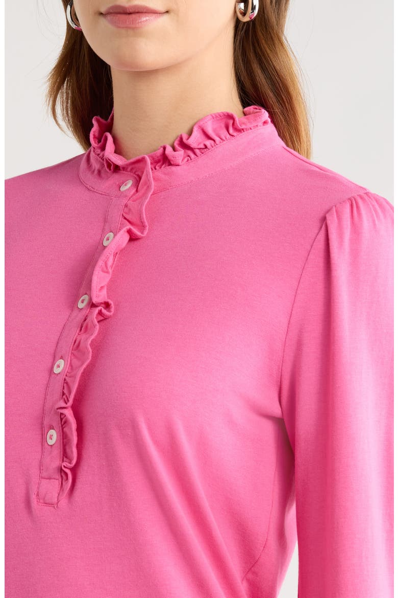 Ruffle Detail Henley Shirt, Alternate, color, PINK FIZZ