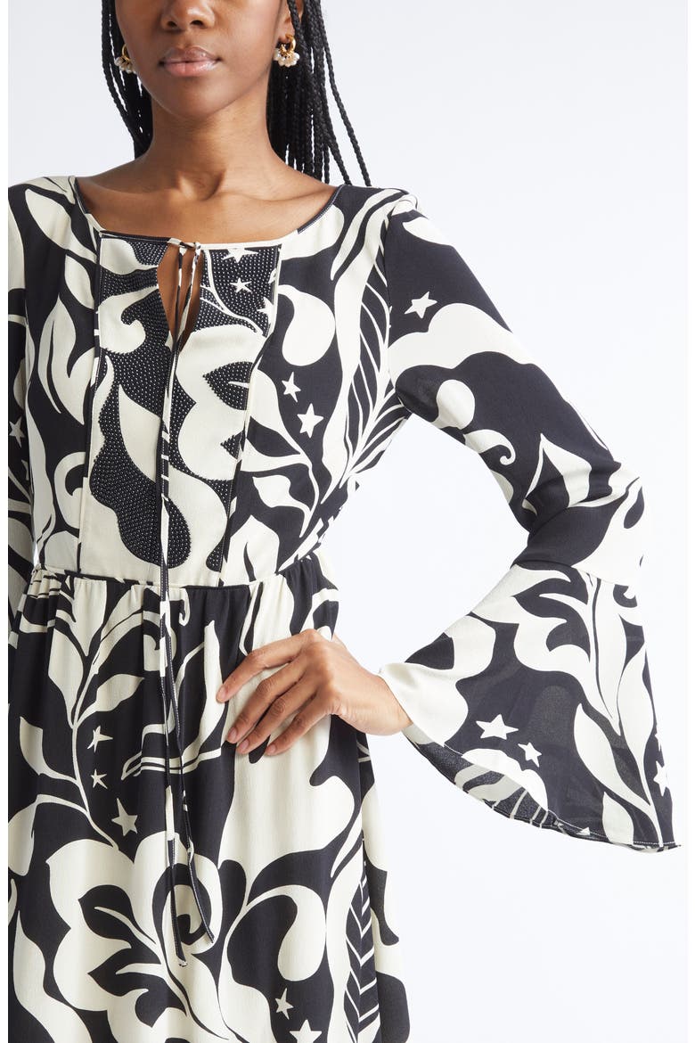 Harlow Leaf Print Long Sleeve Silk Maxi Dress, Alternate, color, ECRU/ BLACK MULTI