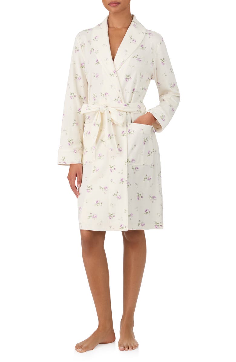 Lauren Ralph Lauren Floral Monogram Cotton Robe, Alternate, color, Ivory Floral