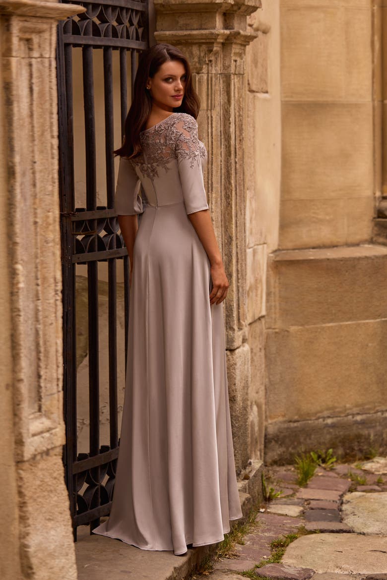 Jersey Mother of the Bride Gown with Lace Neckline, Alternate, color, Silver