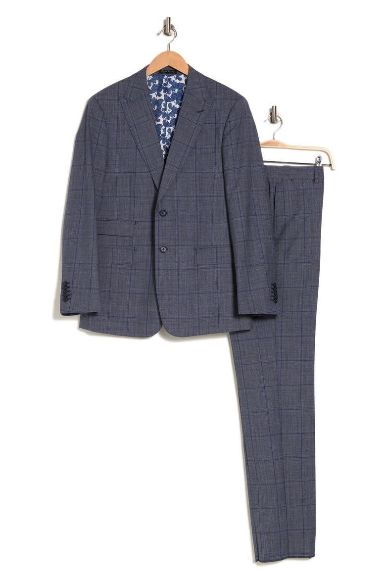 Plaid Two Button Peak Lapel Trim Fit Wool Blend Suit, Alternate, color, BLUE